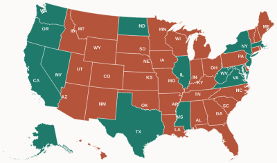 US state map showing which states accept a postmark