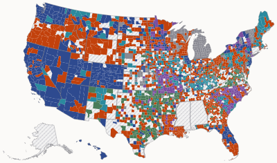 US county map coloured by the top reason ballots were rejected