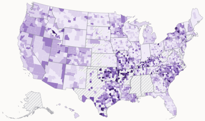 US county map shaded by mail ballot rejection rate